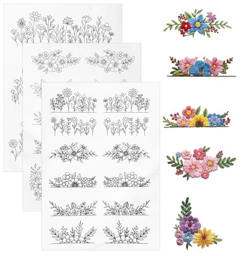 3 Sheets Water Soluble Embroidery Patterns, Stick on Embroidery Patterns with Pre-Printed Flower Leaf Designs, Embroidery Transfer Paper for Hand Sewing