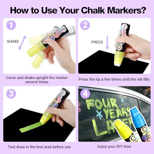 Window Paint Markers for Glass Washable: 8 Pack 15mm Jumbo Liquid Chalk Marker, Neon Glass Markers Pen, Wet Erase for Cars, Auto, White Board, Chalkboard, Black board, Tire, Mirrors, Bistro - 8 Colors - color: Multicolor