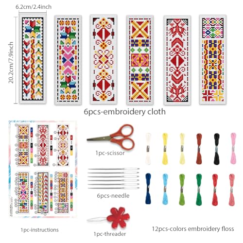 BEUNITONE Cross Stitch Bookmark Kits 6 Pcs Traditional Decorative Patterns Counted Cross Stitch Kit Hand Stamped Embroidery Kit for Beginners Floral Fabric Bookmark Making Kit DIY 8''x2.4'' - style: Pattern 2