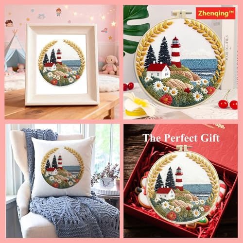 Zhenqing Lighthouse Embroidery Kit for Beginners, Pre-Printed 29x29cm Fabric with 20cm Hoop & Threads, Coastal Lighthouse Scene for Home Decor(C0195)