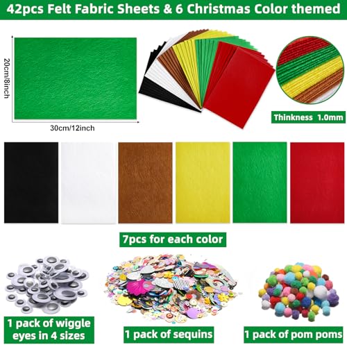 gisgfim 42Pcs Christmas Felt Fabric Sheets 8 x 12 Inch Red Green Black Assorted Soft Thick Felt Pack with Wiggle Google Eyes Pom Poms Glitter Patchwork Craft for DIY Sewing Creative Art Project Decor - style: Christmas Series