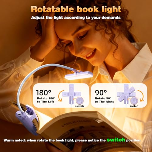 VAVOFO 24 LEDs Rotatable Book Light, Rechargeable Clip Reading Lamp Purple - color: Purple
