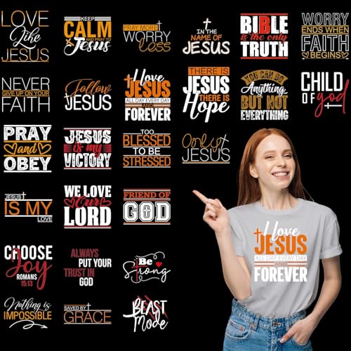 25Pcs Christian Dtf Transfers Ready to Press Faith-Based Sayings Iron on Transfers for Tshirts Easter Christian Transfer Vinyl Stickers for Clothing Pillows Bag DIY Crafts - color: Christian