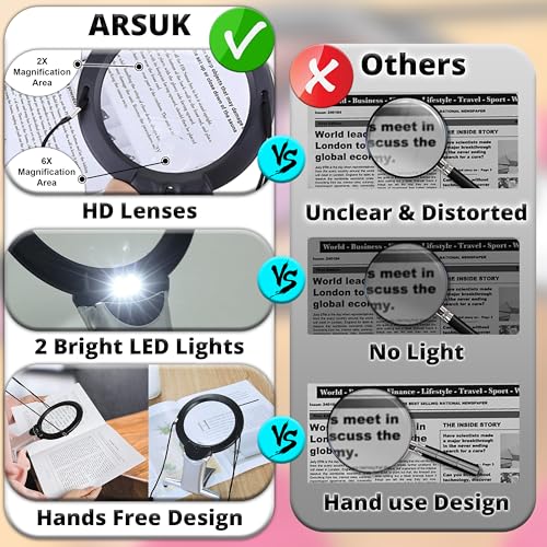 ARSUK Hands Free Magnifying Glass for Close Work with Light 2X Lens & 6X Spot Magnifier, Neck Hanging LED Magnifier for Seniors, Coins, Cross Stitch, Sewing, Embroidery, Reading, Needlepoint, Hobbies