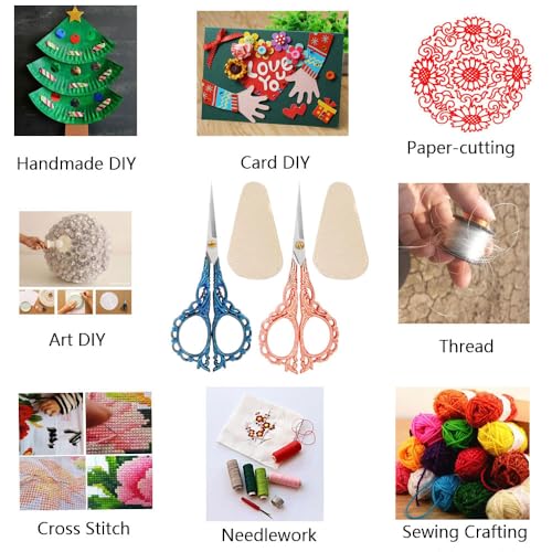Jasni Pretty Embroidery Scissors 5 Inch Small Sewing Crafting Stainless Steel Vintage peach blossom handle for DIY tools Craft Tailor Threading Shears 2 Packs with cover (Rose gold and Blue) - color: Rose Gold and Blue