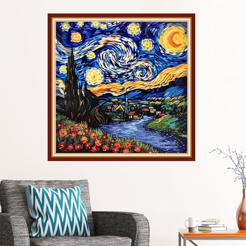 Redxing Stamped Cross Stitch Kits - Beach Night Landscape Counted Cross Stitch Kits for Beginners Adults Needlepoint Cross-Stitch Patterns-Van Gogh Starry Sky Flower Sea 18x18 inchs - color: ArtsKit01