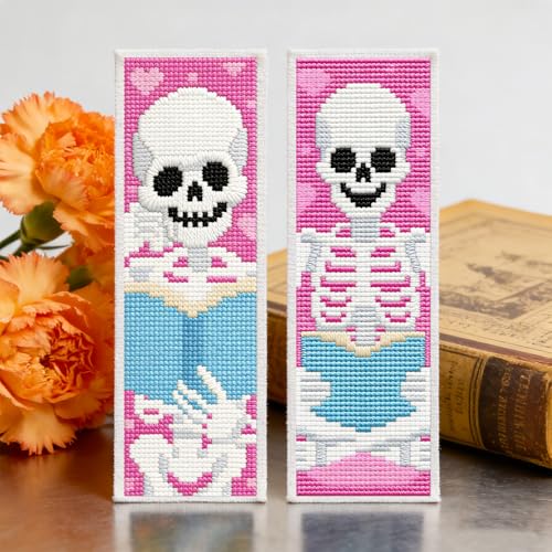ACRNIGHEET 6PCS Stamped Cross Stitch Bookmark Kit Beginners Halloween Skull - style: Skull and book patterns