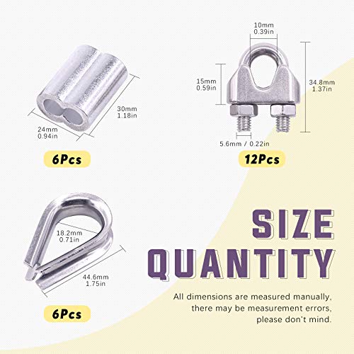 Swpeet 24Pcs M8 (5/16") Wire Rope Accessory Set, Included M8 Wire Rope Cable Clip Clamp, M8 Stainless Steel Thimble, 4mm Aluminum Crimping Loop Sleeve Perfect for 1/8 inch Wire Rope Cable (M8) - size: M8