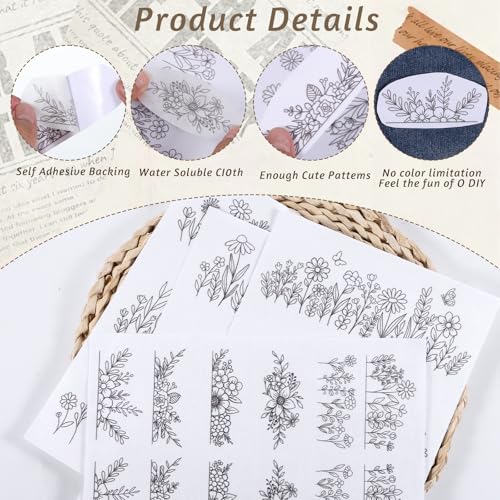4 Sheets Water Soluble Stabilizer Embroidery Patterns Stick and Stitch Embroidery Flower Paper Floral Daisy Designs Wash Away Stabilizer Printable Draw Patterns for Hand Sewing Lover Beginners - style: A