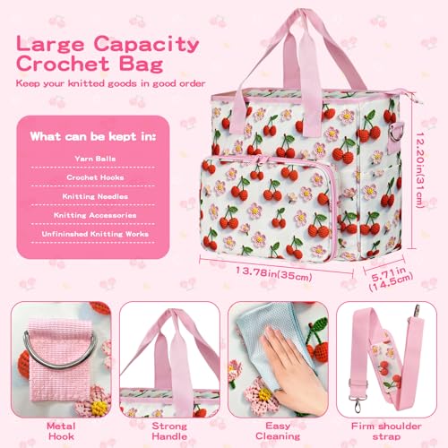 Large Crochet Bag for Yarn Storage - 6-Pocket Knitting Tote Organizer with Eyelets & Elastic Loops, Tear-Resistant Canvas Project Bag for Needles/Hooks, Portable Workstation for Crocheters (Cherry)