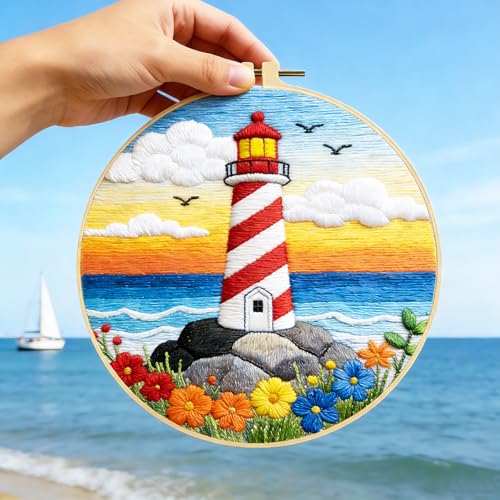 BEUNITONE 6 Set Beginner Embroidery Kit for Adults with Pre-Printed Washable Lighthouse Pattern, DIY Needlepoint Craft Kits for Cloth with Embroidery Hoop and Instruction, Funny Gifts for Home Decor - style: Lighthouse