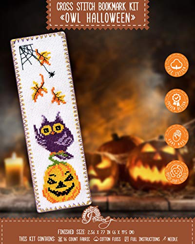 Povitrulya Halloween Owl - Counted Cross Stitch Kit with Halloween Pumpkin Jack-o'-Lantern - DIY Hand Embroidery Bookmark - color: Owl