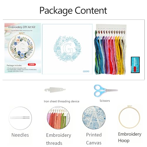 Zhenqing Letter G Embroidery Kit for Beginners, Pre-Printed 29x29cm Cotton Fabric with 20cm Hoop, Elegant Floral Monogram with Daisies Design(C0090)