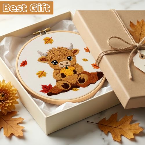 Louise Maelys Highland Cow Embroidery Kit for Beginners（Autumn - color: Highland Cow
