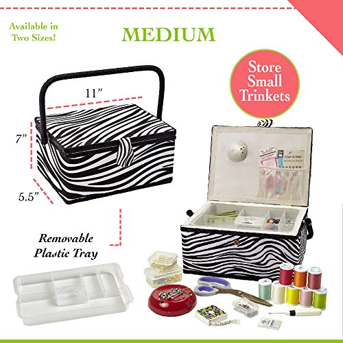 Sewing Basket with Zebra Design - Sewing Kit Storage Box with Removable Tray, Built-in Pin Cushion and Interior Pocket - by Adolfo Design (Medium - 11" x 7" x 5.5", Zebra) - color: Zebra, size: Medium - 11" x 7" x 5.5"