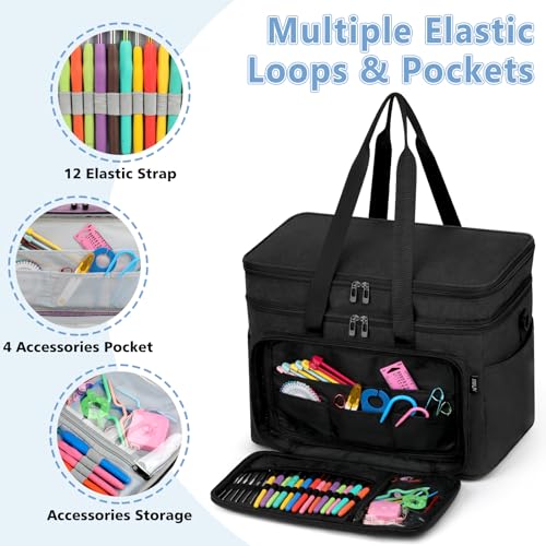 Crochet Organizer Bag with Yarn Holder, Large Yarn Storage for Accessories - color: Black