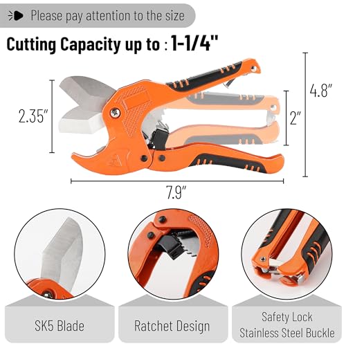 Bates- PVC Pipe Cutter, Cuts up to 1-1/4" Inch, Mini Tube Cutter 1/8" to 7/8", Ratchet Pipe Cutter, PEX Cutting Tool for Cutting PEX, PVC, PPR Plastic Hoses and Plumbing Pipes - color: Orange + Tube Cutter +Ptfe Seal Tapes