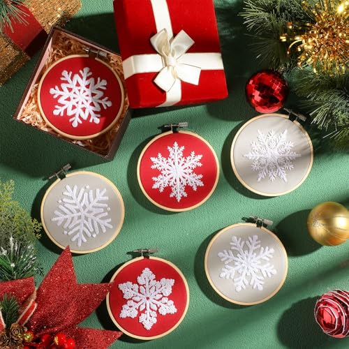 Roowest 6 Sets Christmas Embroidery Kits Snowflake Ornament DIY,Red, White - color: Red, White