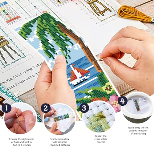 FREEBLOSS 6 Set Cross Stitch Bookmark Kit 11 CT Stamped Cross Stitch Kit DIY Embroidery Bookmark Kits for Adult Beginners with Instructions, Tropical Landscape Pattern, 6 x 20 cm/8" x 2.4" - style: Tropical