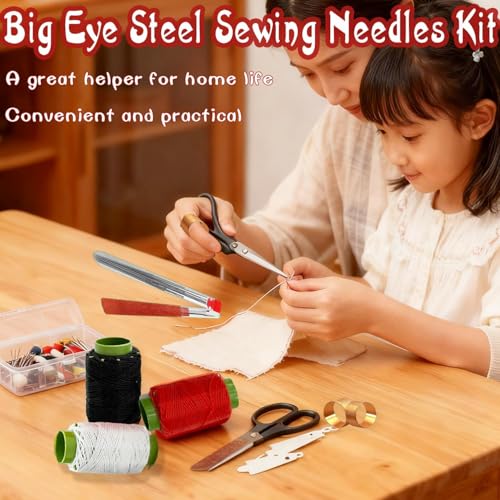 Big Eye Steel Sewing Needles Kit 34PCS | 5 Size Steel Needles for Hand Sewing Kit Stainless Needle for Adult with Case | Beginner-Friendly (34-PCS)