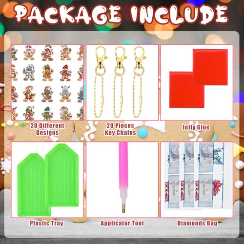 Tondiamo 20 Pcs Christmas Diamond Painting Keychain Kits 5D DIY Diamond Art Pendants Double Sided Hanging Key Chains for Christmas Party Decoration DIY(Gingerbread Man Style) - style: Gingerbread Man Style