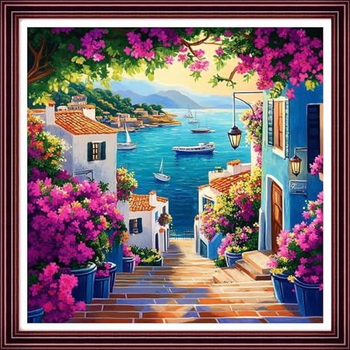 Redxing Stamped Cross Stitch Kits Full Range of Embroidery Starter Kits- Needlepoint Counted Cross Stitch Kits for Beginner Adults 11CT Printed Embroidery Kit-Seaside Floral Scenery 18x18 inch - color: Artskits32