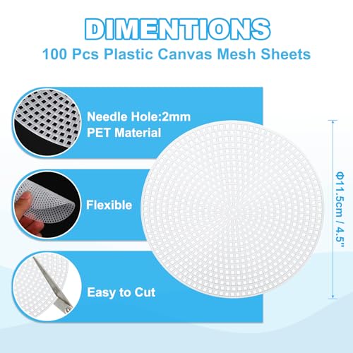 PATIKIL 4.5" Round Circle Plastic Canvas Mesh Sheets, 100 Pcs Eye Mesh for Embroidery 2mm Holes with Needlepoint Blank for DIY Crafting Wreathing Coasters Card Holder - size: 4.5"