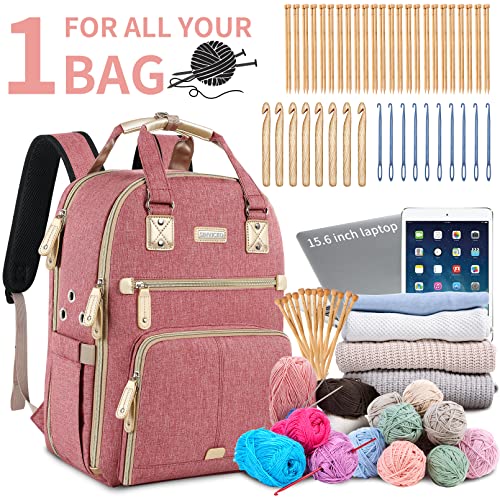 SINVICKO Crochet Bag, Knitting Bag Backpack and Totes Organizer with USB Charging Port, Large Yarn Storage Tote Bag - color: Pink
