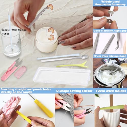 24PCS Candle Making Supplies with Plastic Storage Box Big Eye Long Wick Needle for Candles &Silicone Mold,Punch Needle with Hook Eye,Candle Tool Kit for Beginner,Wicks Placing Tube,Stirring Spoon - color: 24PCS