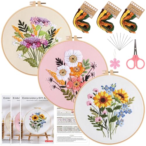 Herdiese Embroidery Kit for Beginners & Adults, 3PCS Floral Patterns. - color: Flower-A (3 Pack)