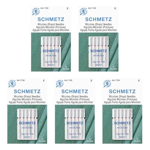 SCHMETZ Microtex Sharp Sewing Machine Needles - Quilting & Topstitching Supplies, Size 80/12, 5-Needle Card, Pack of 5 - size: 5 Cards (25 Needles)