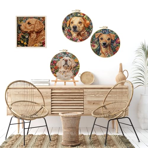 LB 4 Pack Cute Dog Flower Embroidery Kit for Beginners Funny Animal Beginner Embroidery Kit for Adults DIY Starter Kit with Embroidery Hoop Colorful Threads Tools Step by Step Instructions - color: Brown