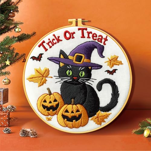 Zhenqing Halloween Black Cat Embroidery Kit for Beginners, Trick or Treat Witch Cat Needlework Kit with Pre-Printed Cotton Fabric, Hoop, Threads & Tools, Spooky DIY Decor (C0118) - style: Halloween Black Cat