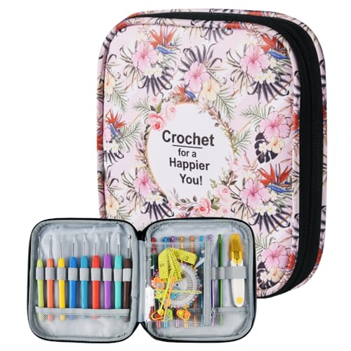 Crochet Hook Case,Portable Zipper Storage Organizer Bag for Crochet Hooks, Knitting Needles, Project & Sewing Supplies, Lightweight,Easy to Hold (No Accessories Included).Pink Flower - color: pink flower
