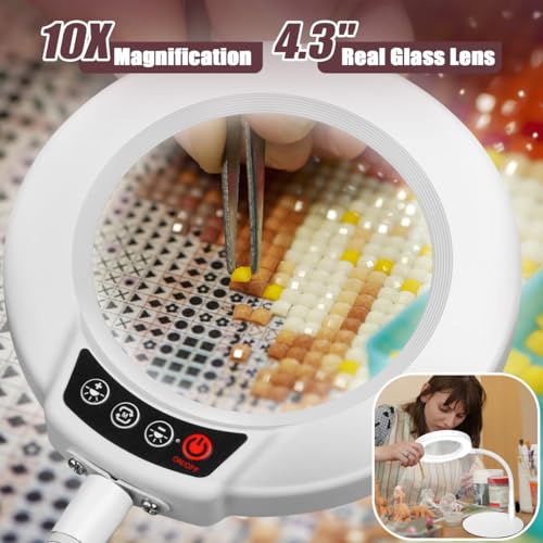 10X Magnifying Glass with Light and Stand, 5 Color Modes Stepless Dimmable LED Lighted Desk Lamp, Hands Free Flexible Gooseneck Magnifier with Light for Craft Hobby Painting Close Work - White - color: White, size: 10X-12.6in