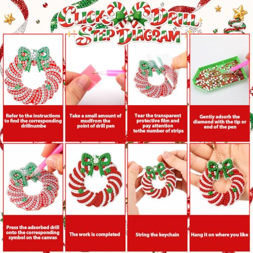 Tondiamo 20 Pcs Christmas Candy Diamond Painting Keychain Kits 5D DIY Diamond Art Pendants Double Sided Hanging Key Chains for Christmas Party Decoration DIY - style: Candy