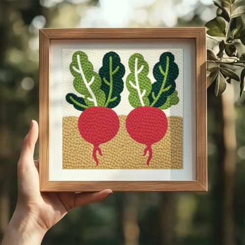 Doodlream Fresh Radish Needle Kit for Beginner, 9.4"x 9.4" Vegetable in Soil Punch Stitching Craft Set, Color DIY Embroidery Starter with Printed Frame, Instruction, Threader, Yarn, Pinch Needle - color: Radish