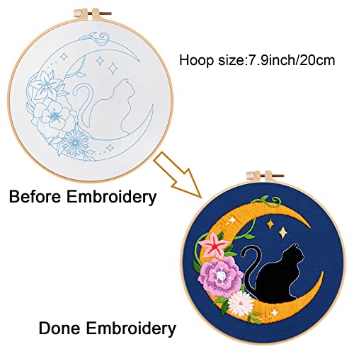 Louise Maelys Cat Moon Embroidery Kit for Beginners Floral DIY Craft Set - color: kit-18