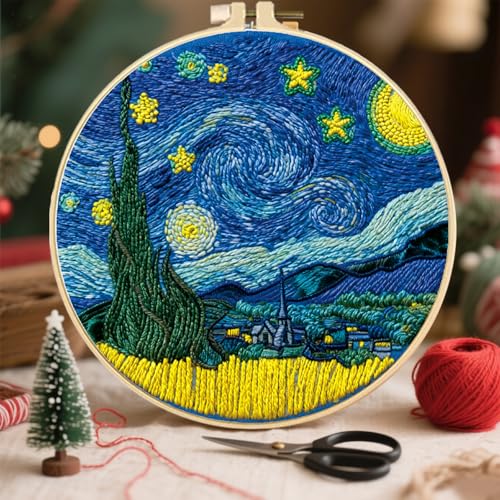 FREEBLOSS 5 Sets Embroidery Kit for Beginners Needlepoint Embroidery Starter Kit with Oil Painting Style Stamped Patterns, Instructions, Colored Threads, 2 Hoops 11.6"/29.5cm