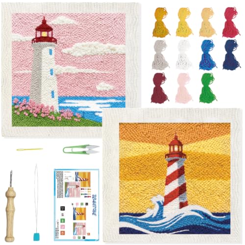 BEUNITONE 2Set Punch Needle Kit with Frame for Adults Beginners, Lighthouse Needlepoint Crafts Kit for Adults, Complete Embroidery Starter Kits with Pre-Print Pattern for Gift Home Decor 9.4"x9.4" - color: 04-Lighthouse
