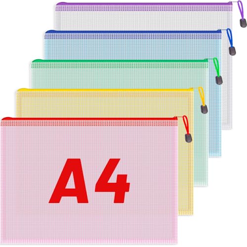 Koogel 5PCS Mesh Zipper Pouch Bags, A4, Waterproof File Folders, 5 Colors