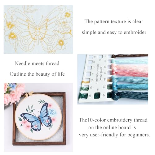 Silentsea Blue Butterfly Embroidery Kit for Beginners – Complete DIY Stitching Craft Set with Pre-Printed Fabric, Hoop, Threads & Video Tutorial – Ideal for Home Decor & Handmade Gifts - color: Blue Butterfly