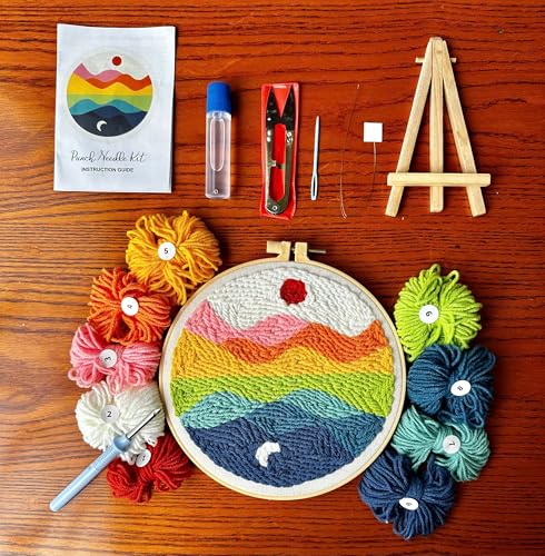 CELCRAFTIQUE Punch Needle Kits for Adults Beginner, Tool with Punch Needle Fabric, Hoops, Yarns and Sewing Needles (Style 2) - color: Rainbow Horizon