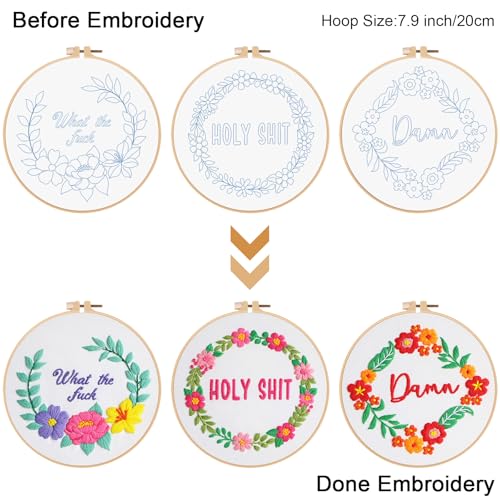 Louise Maelys 3 Pack Floral Quote Embroidery Kit for Beginners Craft - color: funny flowers