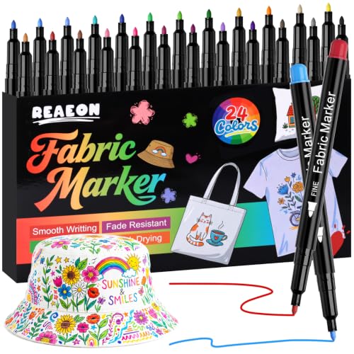Reaeon Fabric Markers, 24 Colors Fabric Decorating Kit for Clothes, No Bleed Fine Tips Paint Pens for T-Shirts Bags, Textile, Canvas, and More