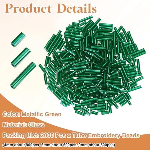 MECCANIXITY 2000pcs Glass Bugle Beads 4/6/9mm Long Tube Cylinder Beads - color: Metallic Green