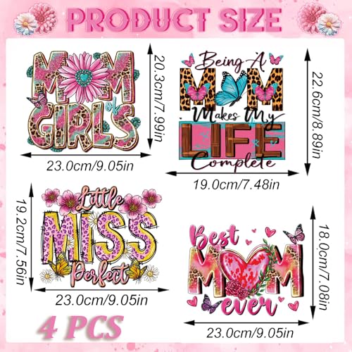 Mother’s Day DTF Transfer Ready to Press, 4PCS Best Mom Ever Iron on Patches Pink Flower Butterfly Heat Transfer Vinyl Decals Mama Leopard Print Iron on Appliques for T-Shirt Bags DIY Spiritual Craft - color: Pink Mother's Day A