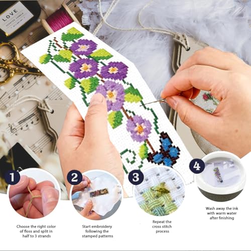 INFUNLY 6pcs Wisteria Floral Cross Stitch Bookmark Kit for Adults DIY Purple Vine Embroidery Bookmark Kits Butterfly Purple Flower Cross-Stitch Pre-Printed Bookmarks with Instructions for Book Lovers - style: Purple Flowers