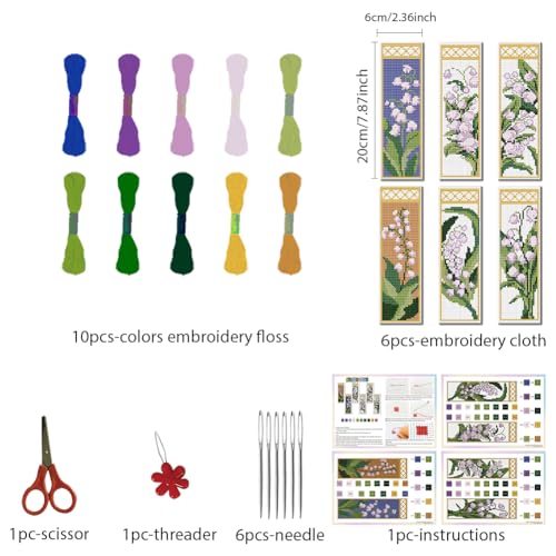 FREEBLOSS 6 Set Cross Stitch Bookmark Kits 11CT 8"x2.4" Lily of The Valley - style: Lily of the Valley