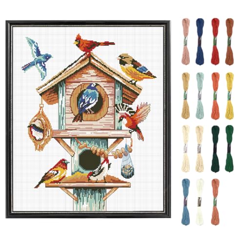 FREEBLOSS Flamingo Cross Stitch Kit Stamped Cross Stitch Wall Hanging Kit for Adults with Instructions Birdhouse and Birds Pure Cotton Cloth Embroidery Kits for Beginnrs No Frame 16 * 20"